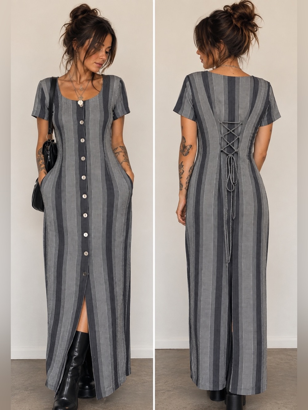 Vintage 90s Casual Corner Maxi Dress 6 Plaid Lace Up Back Button Front USA